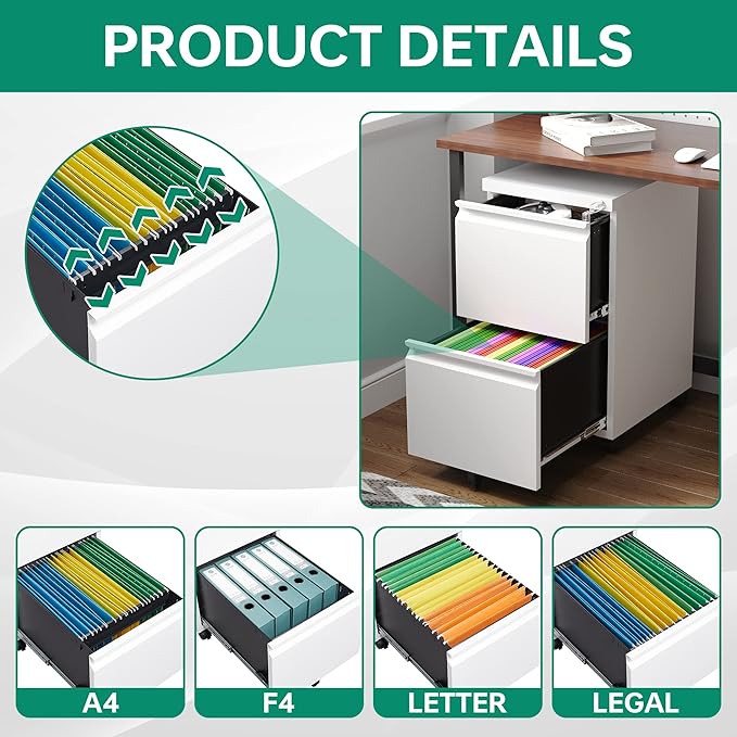 Letaya 2 Drawer Mobile File Cabinet with Lock,Under Desk Metal Filing Cabinets for Home Office Organizer Letters/Legal/A4(White-Requires Installation)