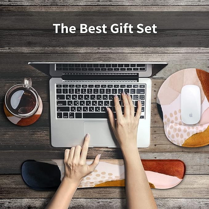 iCasso Desk Mat, Gaming Mouse Pad Wrist Support Set,4in1 XXL Large Mousepad + Keyboard Wrist Rest+Mouse Wrist Rest+Coaster Set with Ergonomic Design for Home Office Table Computer-Color Block