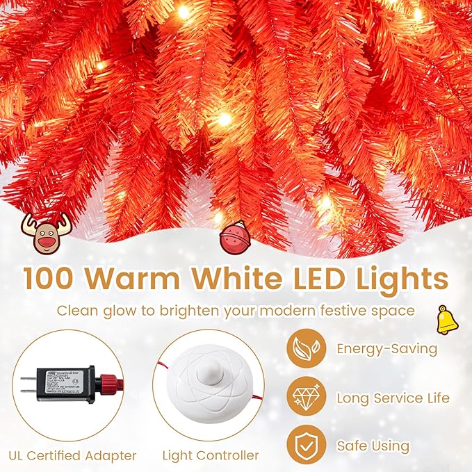 Happygrill 5 FT Artificial Christmas Tree, Candy Cane Xmas Tree with 301 Branch Tips, 100 Warm White LED Lights & Metal Base, Holiday Decoration Tree for Party Carnival