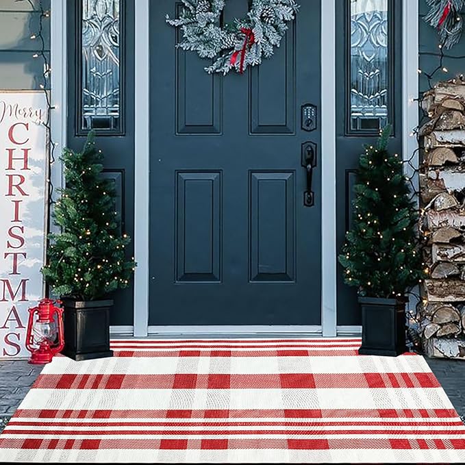Christmas Plaid Outdoor Rug, 3' x 5' Red&White Check Indoor/Outdoor Area Rug, Layering Rug for Hello/Welcome Door Mat, Machine Washable Cotton Woven Rug for Farmhouse Front Porch, Entryway