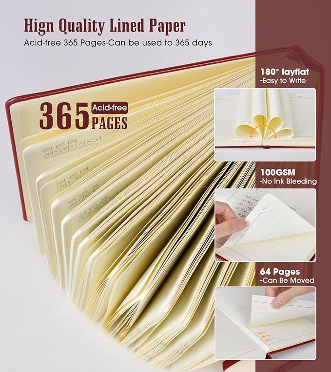 Lined Journal Notebook -365 Pages A5 Thick Journals for Writing Ruled Notebook, Hardcover Leather Journal for Women Men, Daily Notebook for Work, Note Taking, 100Gsm Lined Paper(5.7'' X 8.3'' Wine)