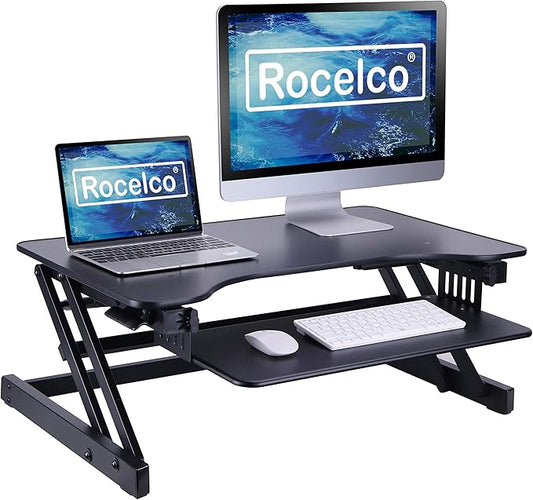 Rocelco 32" Height Adjustable Standing Desk Converter - Slide Out Retractable Keyboard Tray - Sit Stand Up Double Monitor Riser - Dual Piston Lift Assist Tabletop Computer Workstation - Black (R ADRB)