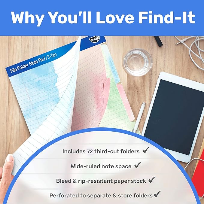 Find It File Folder Notepad - Pack of 72-9.5 x 12.5 Inch Notebook Organizer Folders for Filing, Document, and Clipboard Organization - Watercolor