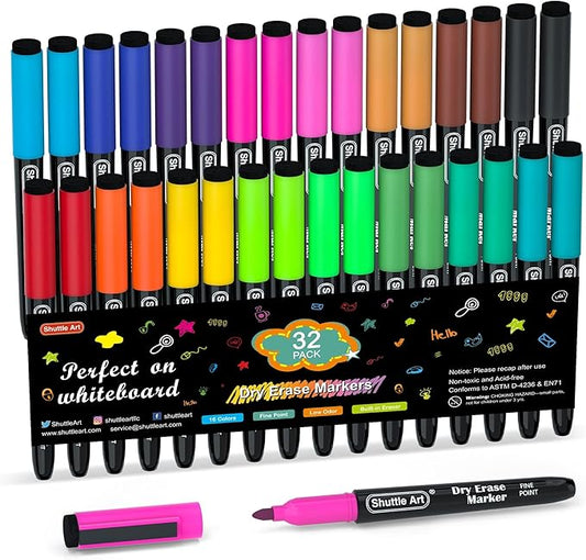 Shuttle Art Dry Erase Markers, 32 Pack 16 Colors Magnetic Whiteboard Markers with Erase, Fine Point Dry Erase Markers Perfect For Writing on Whiteboards,Mirrors for School Office Home