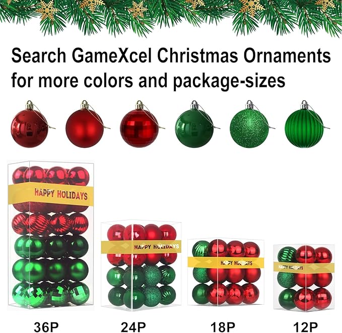 Red & Green 1.6" Small Christmas Balls Christmas Tree Decoration Ornaments Shatterproof Hanging Balls for Birthday Halloween Holiday Wedding Decorations Set of 24pcs