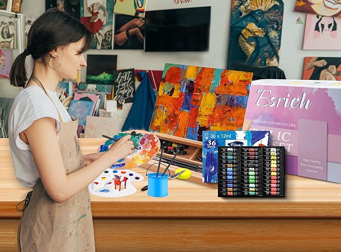 ESRICH Acrylic Paint Set, 74 PCS Professional Paint Supplies with Paint Brushes, Acrylic Paints, Easel, Canvases, Painting Pads, Palette, Paint Knives, Brush Cup and Art Sponge for Hobbyists Beginners