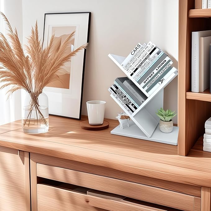 Godferyxin Tree Bookshelf, 3-Tier Wood Mini Bookshelf and Small Bookcase for Office, Home or School Desk Book Shelf for for Displaying Books, CDs, Magazines Wood Storage Rack-Whit