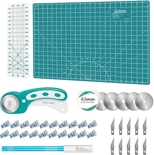 Rotary Cutter Set - Quilting Kit incl. 45mm Fabric Cutter, 5 Replacement Blades, A2 Cutting Mat, Acrylic Quilting Ruler and Sewing Clips, Craft Knife Set, Ideal for Crafting, Sewing, Patchworking