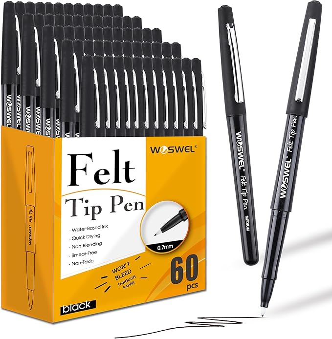 Black Felt Tip Pens - 60 Pack, 0.7mm Medium Point Pens for Journaling, Note Taking, Planner, Writing, Drawing