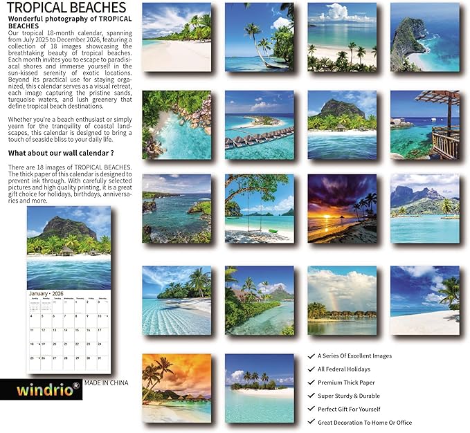 2026 Wall Calendar,Calendar 2026, July 2025 - December 2026, Wall Calendar Tropical Beaches, 12" x 24" Opened,Full Page Months Thick & Sturdy Paper for Calendar Organizing & Planning