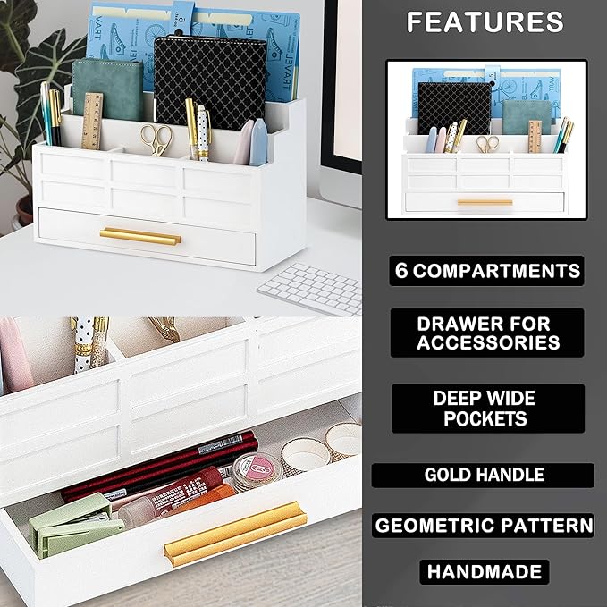 white Wood Desk Organizer and Accessories with Drawer, Bill Mail Organizer and File Mail Holder for Office Supplies, Rustic Desk Accessories & Workspace Organizers for Desk Organization