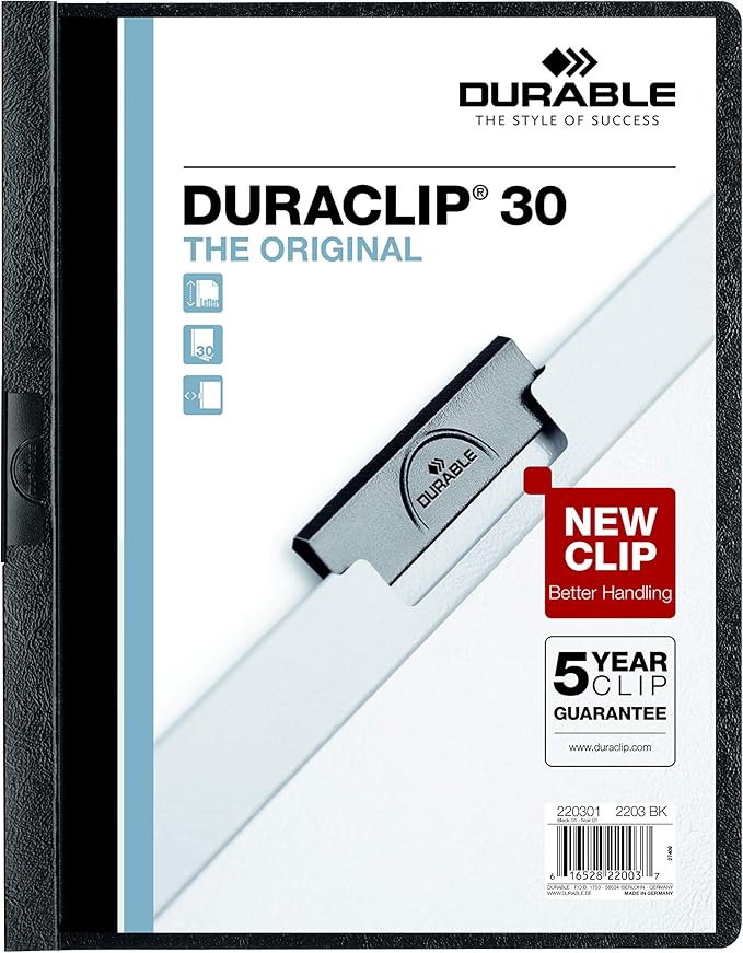 Durable Report Cover with DURACLIP - Letter-Size - Holds Up to 30 Pages - Clear Cover in Black - 25 Per Box