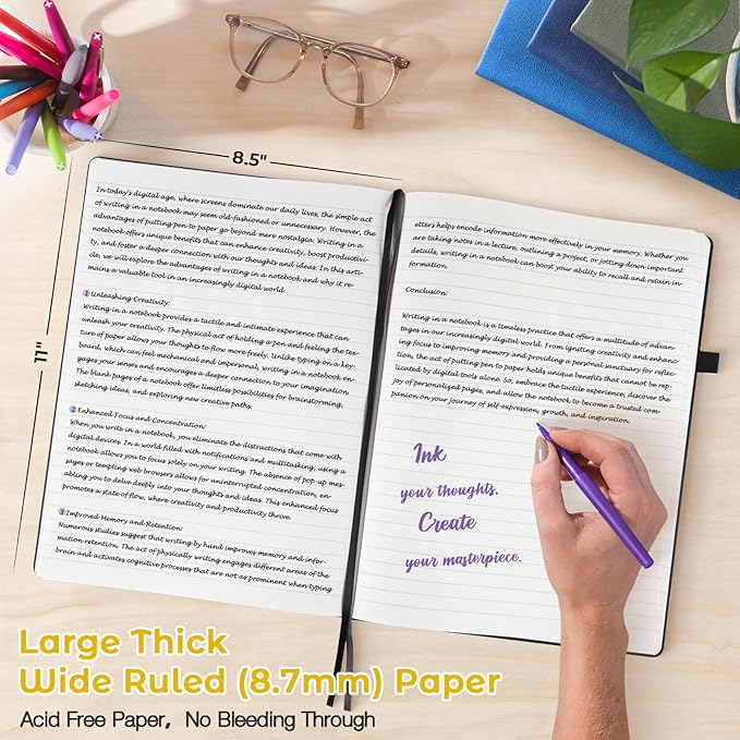 Lined Journal Notebook, 8.5" x 11" Hardcover Leather Notebook for Work, Wide Ruled Notebook Journal for Women Men, 192 Thick Paper, Lay Flat, 2 Pockets, A4 Large Journals for Writing, Yellow Notebook