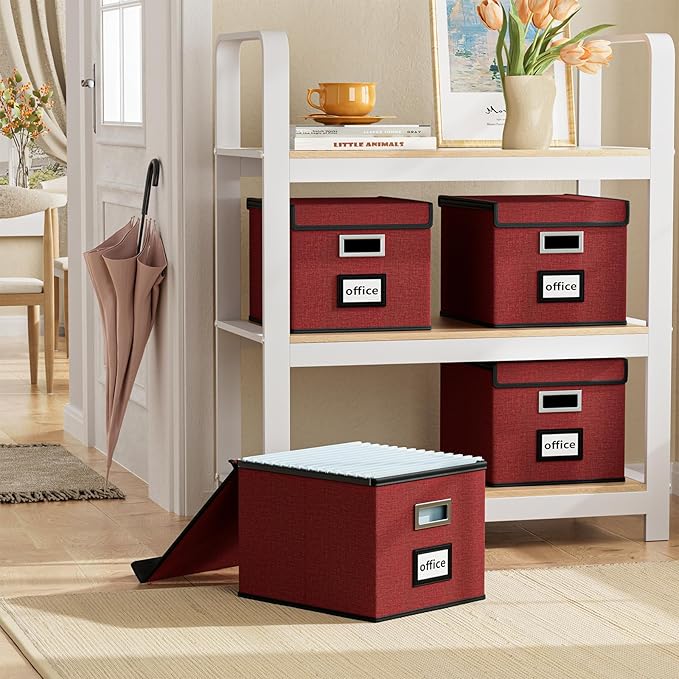 Huolewa File Storage Organizer Box with lid, Decorative Small Oragnizer Boxes for Hanging File, Linen Filing Box Cabinet with Plastic Slides for Office/Decor/Home Organization