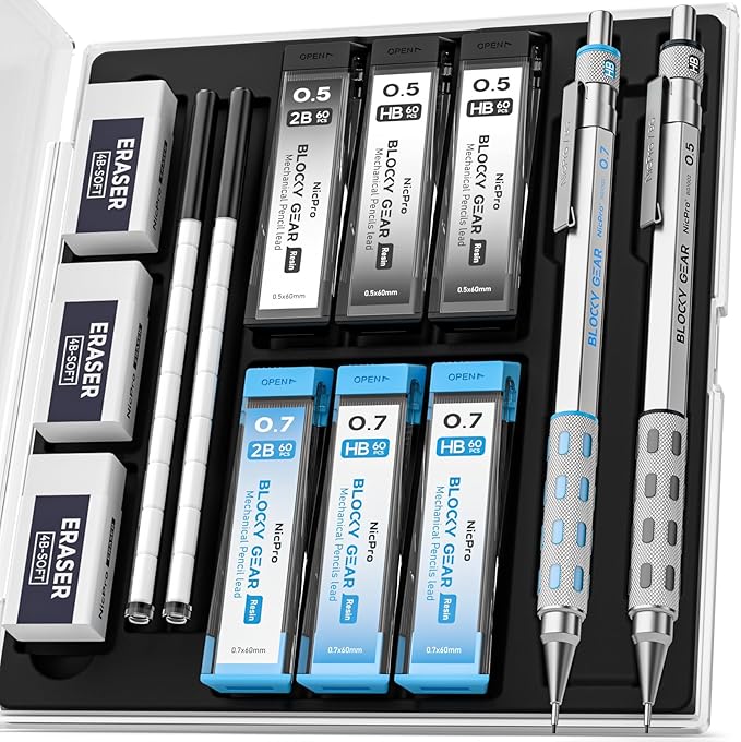 Nicpro Blocky Gear 0.5 mm & 0.7 mm Mechanical Pencils Set in Case, Metal Pencil with 6 Tube Lead Refills, Eraser, Eraser Refills for Professional & Adult Art Writing Drafting Drawing Sketching