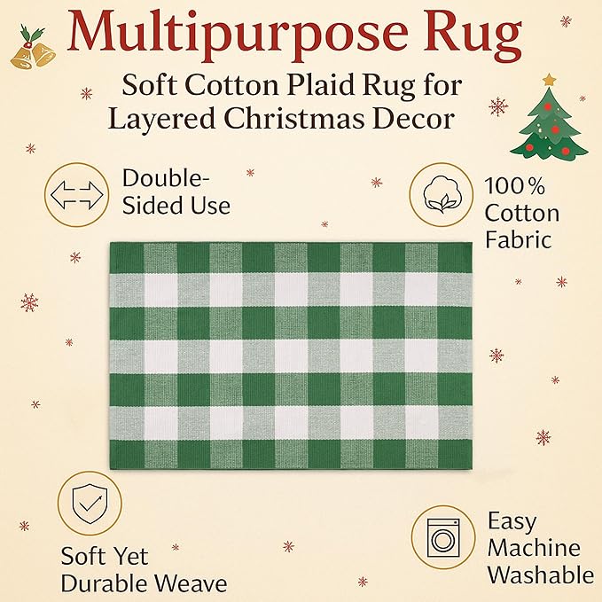 Christmas Green & White Plaid Rug - 28 x 43 Inches Outdoor Front Door Decor Mat Cotton Washable Hand-Woven Rug Christmas New Year Holiday Porch Entryway Layered Doormat