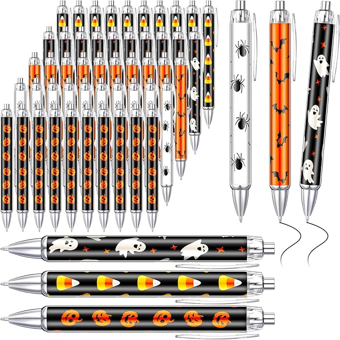 Thenshop 50 Pcs Halloween Pens Bulk Halloween Theme Gel Ink Ballpoint Pens Pumpkin Ghost Bat Spider Pattern Witch Party Favors Appreciation Gifts for Friends Office Employee Work