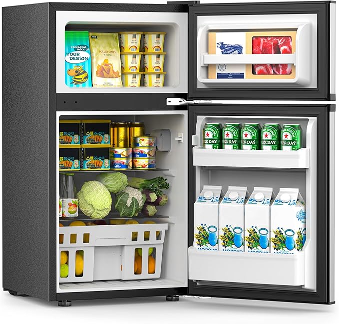 COWSAR 3.2 Cu.Ft Fridge with Freezer, Double Door Compact Refrige for Bedroom, Adjustable Thermostat, Energy-efficient Low Noise Small Refrigerator For Dorm, Office, Bar, RV, Commercial,Silver