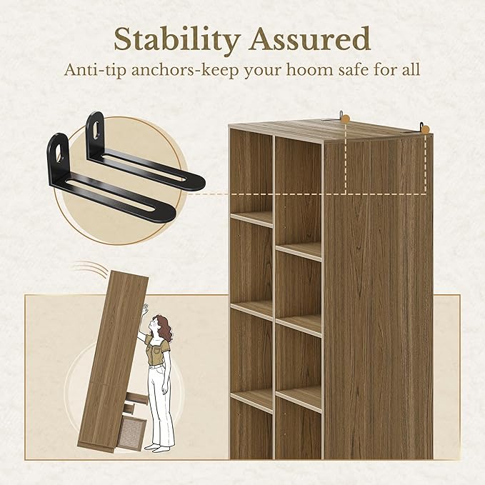 Bookshelf with 2 Drawers and Doors, 73 Inch Rattan Tall Bookcase with 4-Tier Storage Shelves, Wooden Book Shelf for Home Office, Light Oak