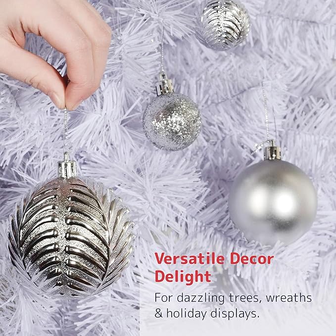 Prextex 36pc Silver Christmas Ornaments Set - Shatterproof Christmas Tree Ornaments in 3 Sizes and 6 Styles - Hanging Balls with Loops in Matte, Shiny, and Glitter Finishes for Indoor-Outdoor Display