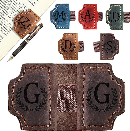 Bygone Mark Bookmark with Pen Holder, 26 Letters Name Initial Personalized Magnetic Bookmarks, Leather Book Mark for Men Women, Travelers Accessories, Teachers Readers Book Lovers Gifts (Coffee, G)