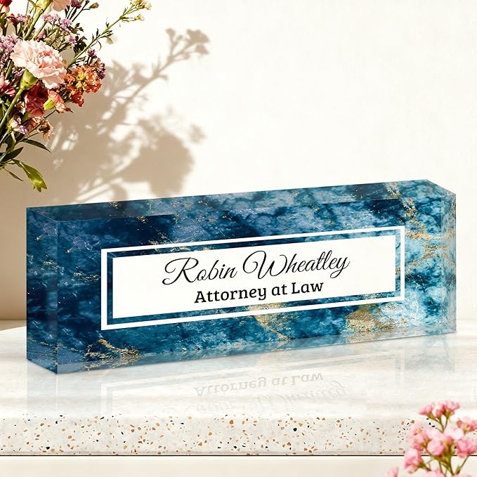 Ship Next Day-Custom Name Plate for Desk, Desk Name Plate Personalized, Acrylic Office Desk Accessories, Appreciation Gifts for Coworkers Employee Teachers Boss Women Men (Blue Marble)