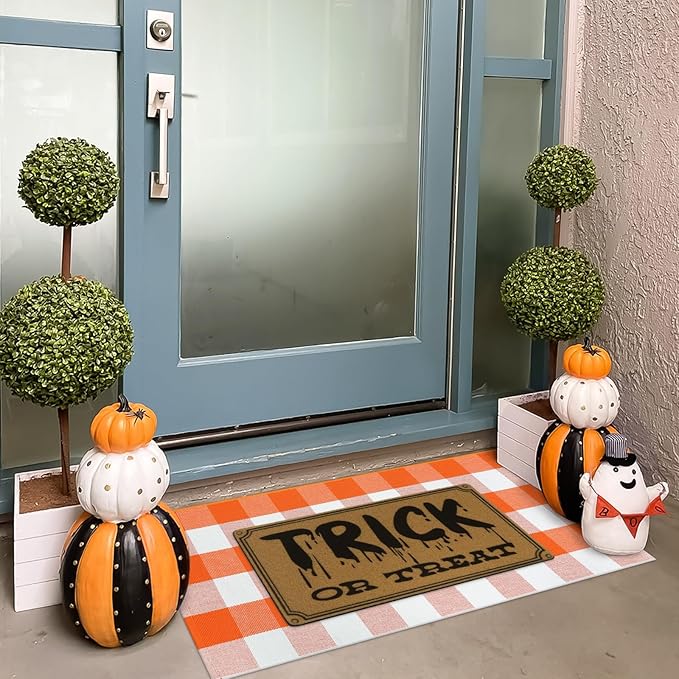 KIMODE Halloween Door Mat Outdoor 27.5"x43", Fall Decor Buffalo Plaid Outdoor Rug,Farmhouse Checkered Layered Welcome Door Mat for Entryway,Halloween Front Porch Decor,Orange and White