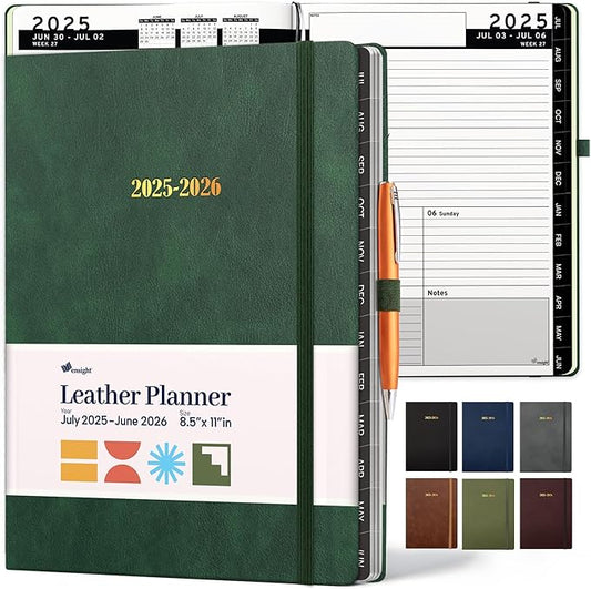 Ensight 2025-2026 HARDCOVER Leather Planner Weekly & Monthly - 8.5x11 Inches - Academic Planner Business Personal or Student - Pen Holder, Thick Paper, July 2025 - June 2026 (Green)