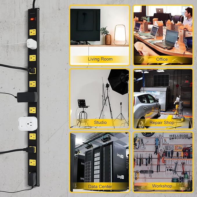 SURAIELEC 12 Outlet Long Metal Power Strip, 15FT Cord Surge Protector, Angled Flat Plug, Wide Spaced Outlet Bar, 15A Breaker, Wall Mountable, Industrial Heavy Duty for Work Bench, Shop, Garage, 2 Pack