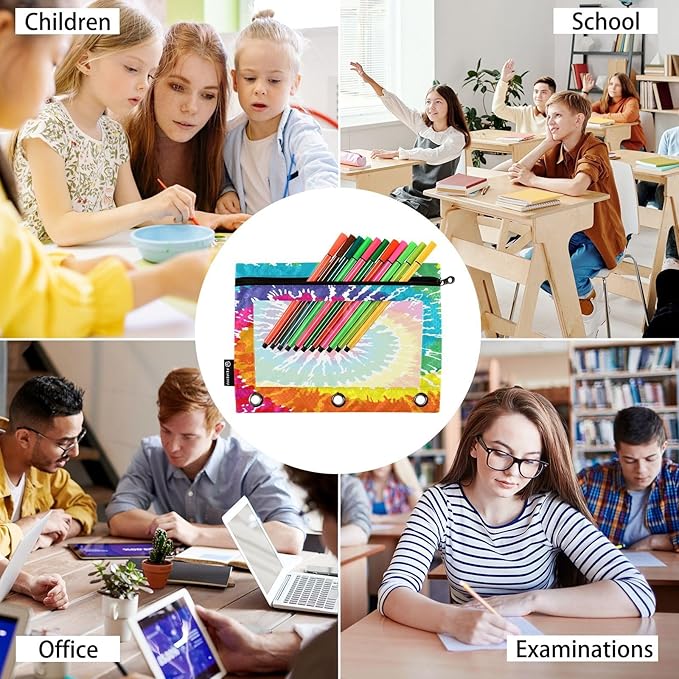 ALAZA Pencil Pouch for 3 Ring Binder, Tie Dye Binder Pencil Pouches with Clear Window Zipper Pencil Case Cosmetic Bags for Office College Supplies, 2PCS