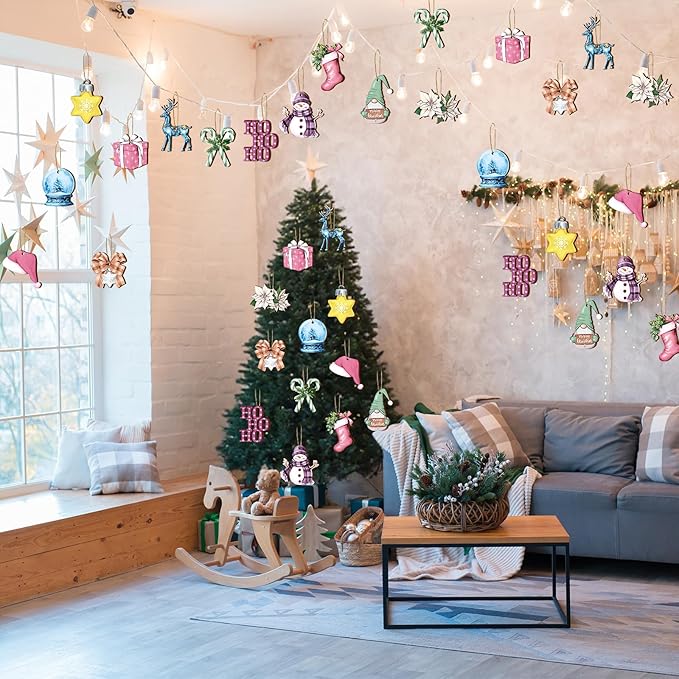 Huwena 36 Pcs Pastel Christmas Wooden Ornaments Pastel Christmas Decorations for Tree Snowman Gnomes Poinsettia Flowers Truck Wreath Wood Cutouts Tags with Ropes Winter Decor for Xmas Tree Gifts