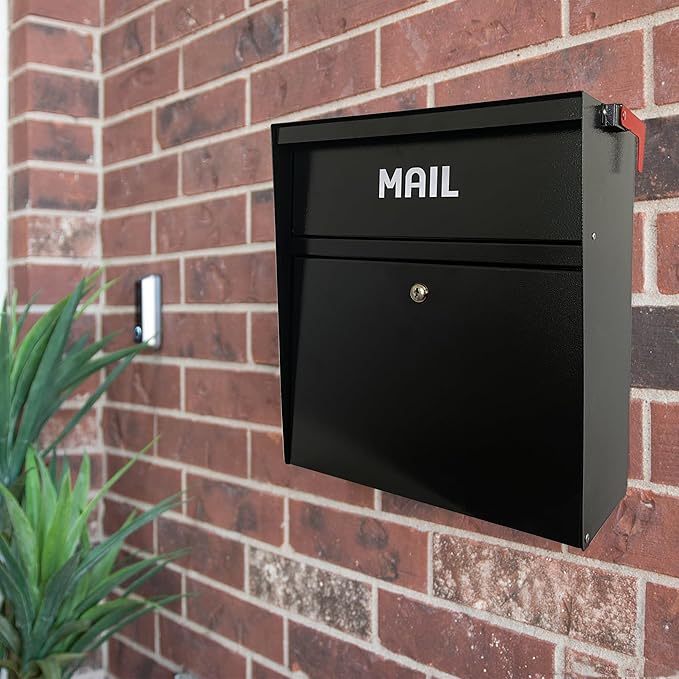 Rainproof Wall Mount Mailbox with Outgoing Mail Flag, Locking Security Galvanized Steel Drop Box for Residential & Commercial Use, Heavy Duty Payment Collection Box, Black