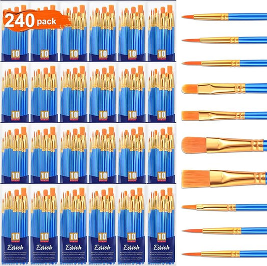 ESRICH Watercolor Brush Set, 24 Packs / 240 Pcs Acrylic Brushes,Nylon Brush Head, for Oil Painting, Gouache, Face,Ceramics etc, Kid's and Adults Painting Arts and Crafts Sets.(Blue)