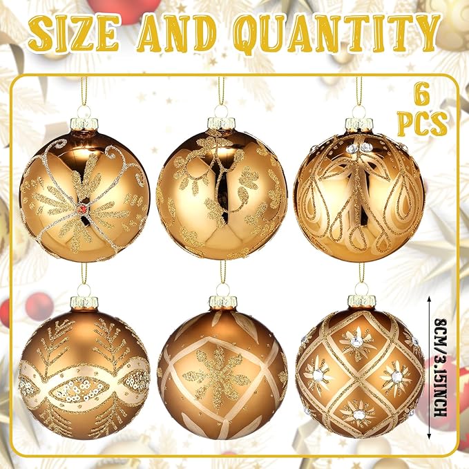 6 Pcs 3.15 Inch Glass Luxury Christmas Ball Bronze and Gold Ball Ornaments Glass Christmas Tree Decorations Luxury Hanging Ornaments for Xmas Tree Party Holiday Decor