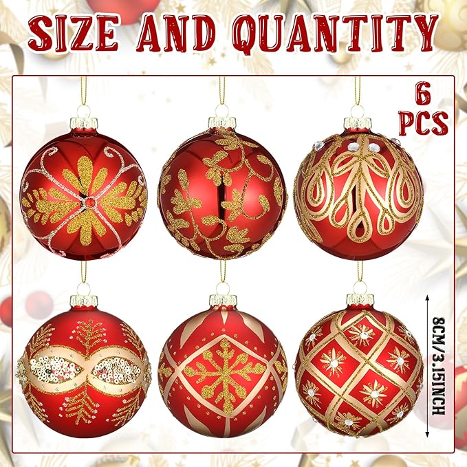 6 Pcs 3.15 Inch Glass Luxury Christmas Ball Red and Gold Ball Ornaments Glass Christmas Tree Decorations Luxury Hanging Ornaments for Xmas Tree Party Holiday Decor