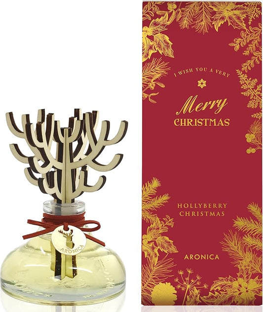 Aronica Christmas Tree Diffuser - Hollyberry Scent, Burgundy Christmas Decorations Red Reed Diffuser, Cinnamon Smell Decor Apartment, Navidad Winter Scented Aromas Home, White Elephant