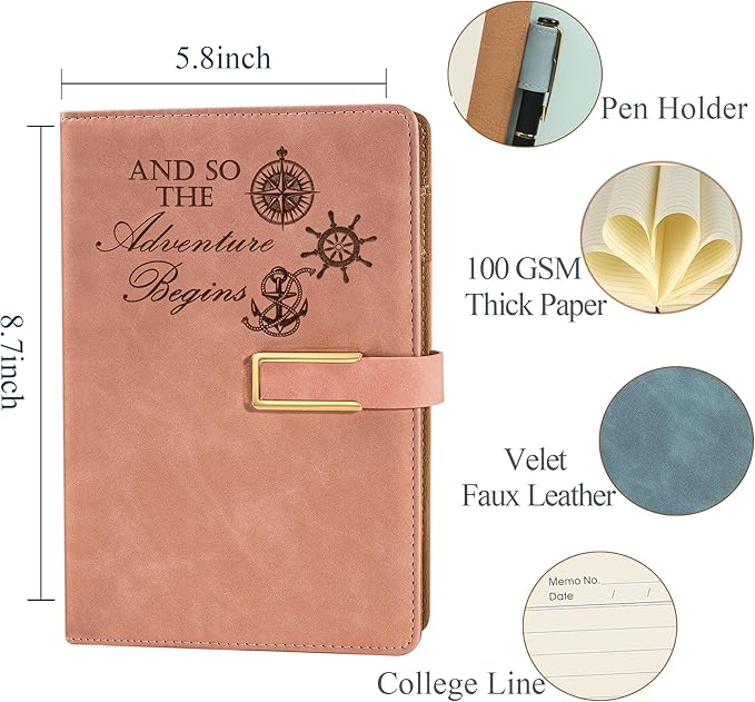 Fanery Sue Refillable Adventure Travel Journal For Women & Men Faux Leather Hardcover A5 Travel Notebook College Ruled 200 Lined Pages Lay-Flat Diary With Pen & Magnetic Buckle(Adventure - Pink)