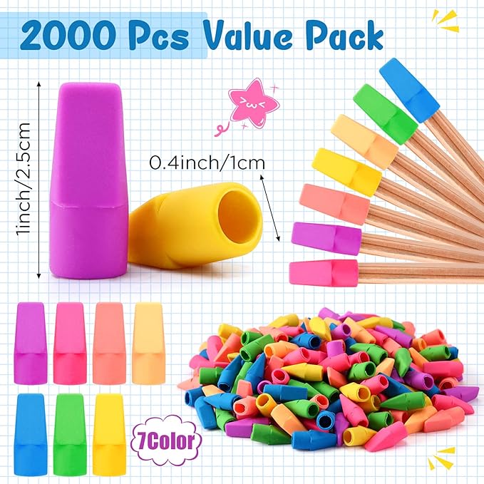 Sherr 2000 Pcs Cap Erasers for Pencils Assorted Colored Pencil Top Erasers Arrow Shaped Pencil Erasers Toppers Pencil Toppers Eraser Tops for Pencils for Kids Teachers School Classroom Home Supplies