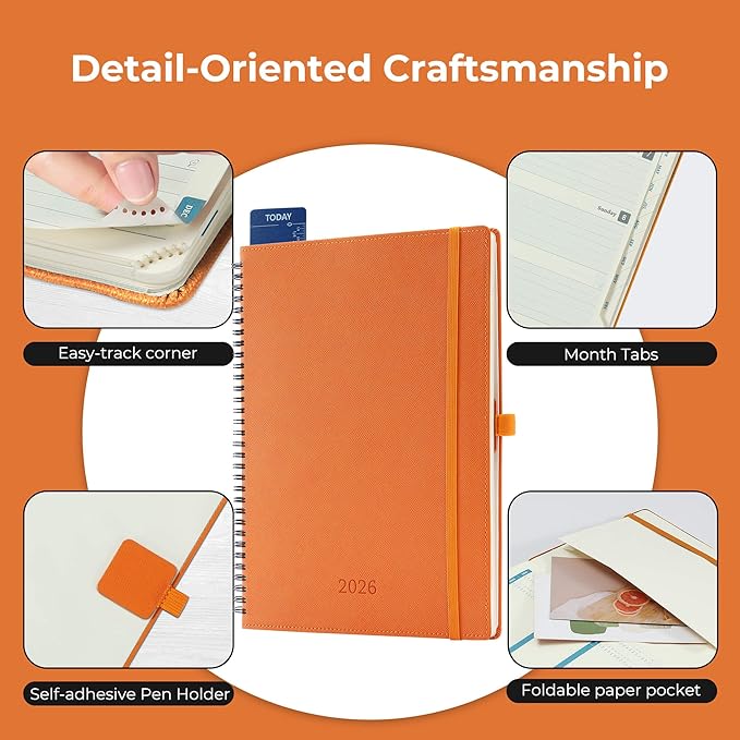 Planner 2026 Daily Weekly and Monthly,11.5"x8.5",12 Months Spiral Bound Calendar Agenda with Self-adhesive Pen Holder,2026 Appointment Book with Vegan Leather Soft Cover,Orange