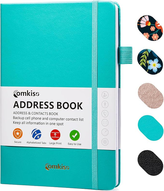 Address Book with Individual Alphabetical Tabs Laminated, Large Print Address Book with 468 Wide Lining Entry Spaces, Change of Address Labels, Hardcover Address Book 5.7 x 8.5" - Aquamarine