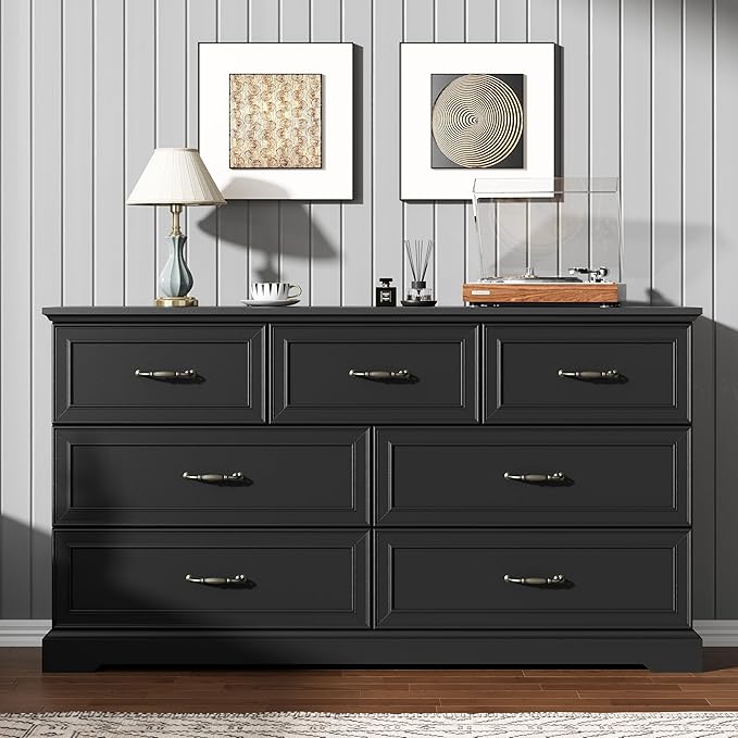7 Drawer Dresser for Bedroom, 57" Wide Wooden Chest of Drawers, Rustic Farmhouse Dresser with Large Drawers & Metal Handles, Modern Storage Organizer for Closet, Living Room, Hallway, Black
