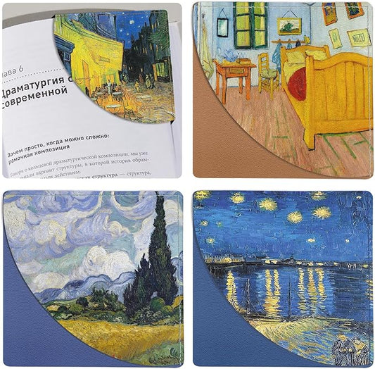Van Gogh Starry Night Bookmarks Leather,4 Pcs Fun Book Accessories for Reading Lovers, Personalized Corner Page Markers for Women Men Girls Boys Student Teacher Kids Gifts (Oil Painting)