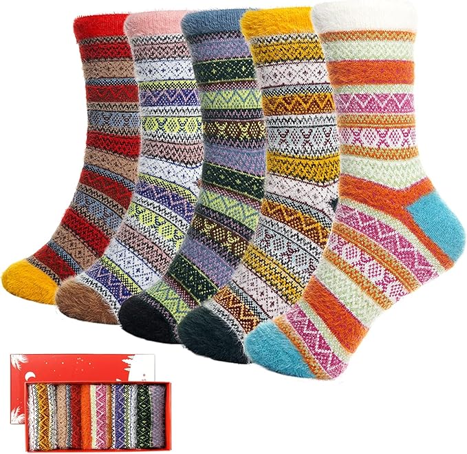 ICEIVY 5 Pair Fuzzy Cozy Socks for Women - Warm Comfy Soft Casual Home Sleep Winter Wool Socks - Gifts for Women