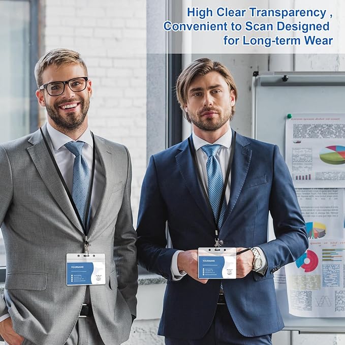 100 Pack Lanyards for ID Badges with Clear Name Tags, Reusable Lanyards Horizontal ID Card Badge Holders Plastic Name Badges for Men Women Kids Business School and Office Supplies (Black)