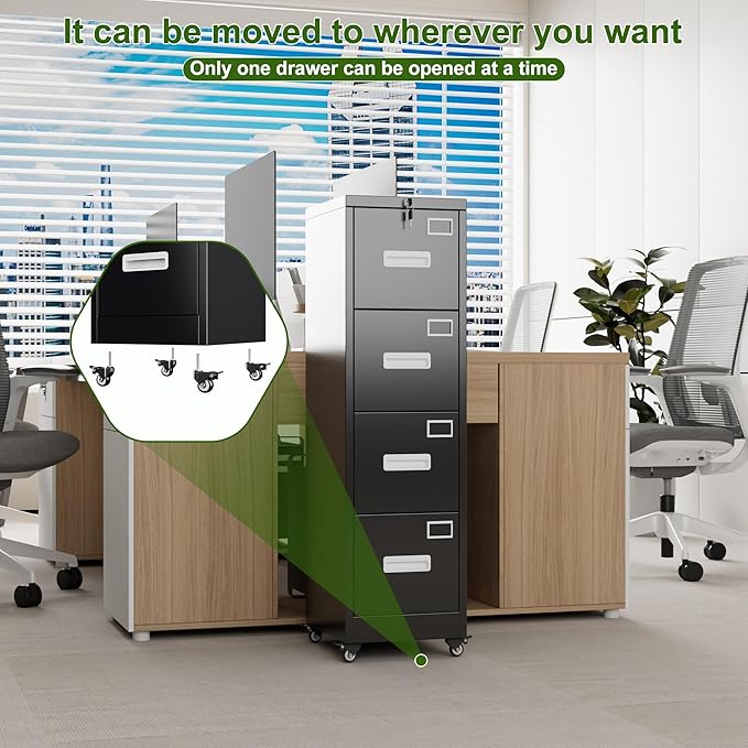 Aobabo 4 Drawer File Cabinet with Wheels, Lockable Metal Filing Cabinet with Name Card for Office and Home,Assembly Required,Black