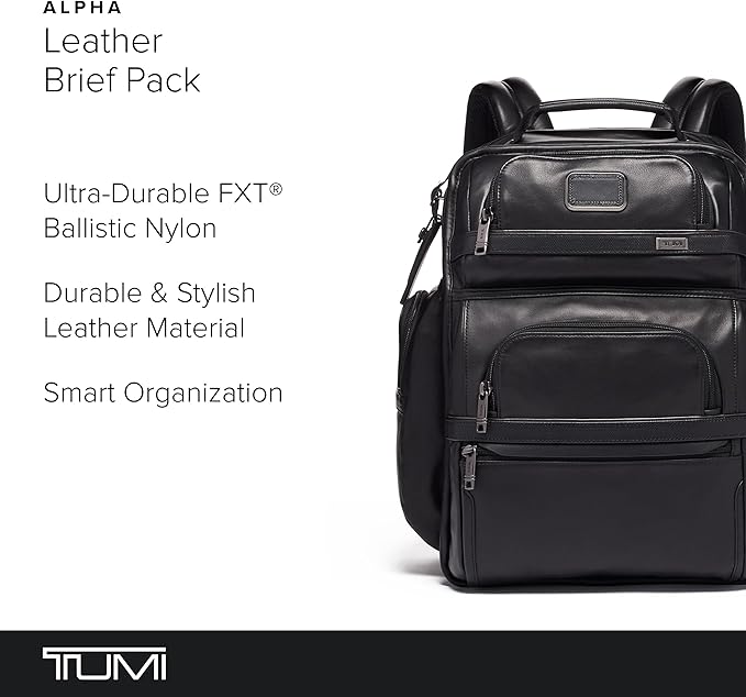TUMI - Alpha Brief Pack - Men's Laptop Backpack with Padded Adjustable Straps - Fit up to 15" Screen - 17.0" X 12.0" X 8.0" - Black Leather