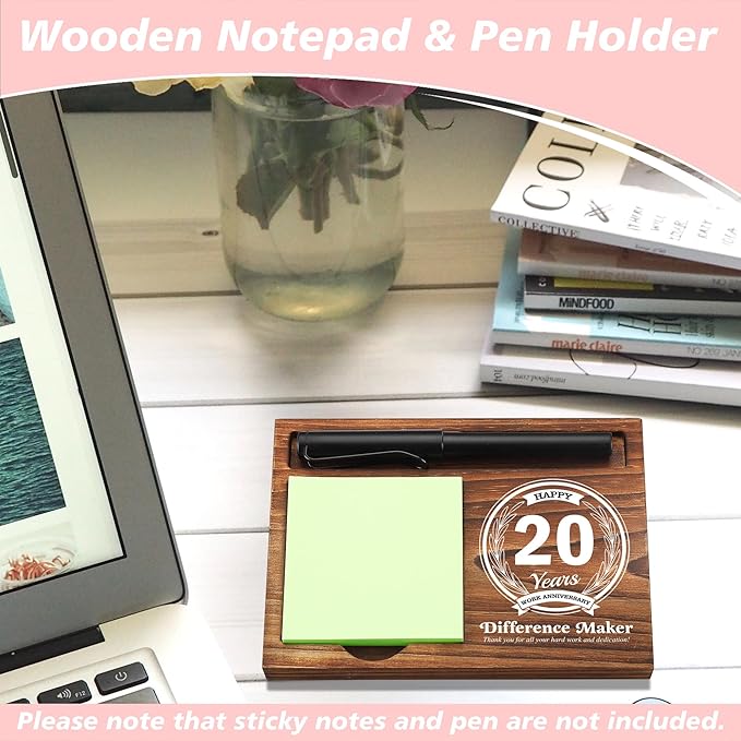20th Work Anniversary Sticky Note Holder Wooden Notepad & Pen Holder 6.5" x 4.7" Sticky Note Pad Holder Dispenser for Desk Difference Maker Work Appreciation Gifts, NPA230