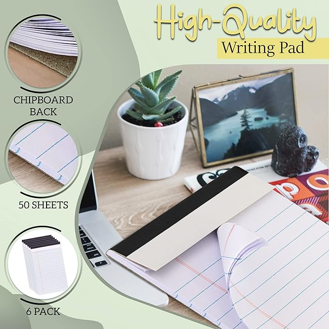 Emraw White Jr. Perforated Edge Legal Ruled Universal 50 Sheets Letter Writing Pad- 50 Ct. 5" x 8" inch (Pack of 6)