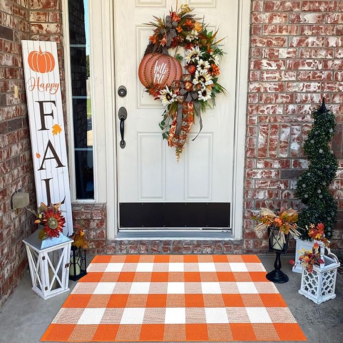 Buffalo Plaid Outdoor Rugs, 2'4" x 3'7" Orange and White Check Indoor/Outdoor Area Rug, Layering Rug for Hello/Welcome Door Mat, Washable Cotton Woven Farmhouse Mat for Fall Front Porch Décor