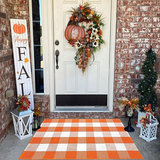 Buffalo Plaid Outdoor Rugs, 2'4" x 3'7" Orange and White Check Indoor/Outdoor Area Rug, Layering Rug for Hello/Welcome Door Mat, Washable Cotton Woven Farmhouse Mat for Fall Front Porch Décor